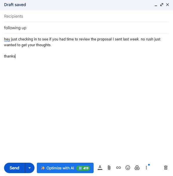 Before: Unformatted email with casual language